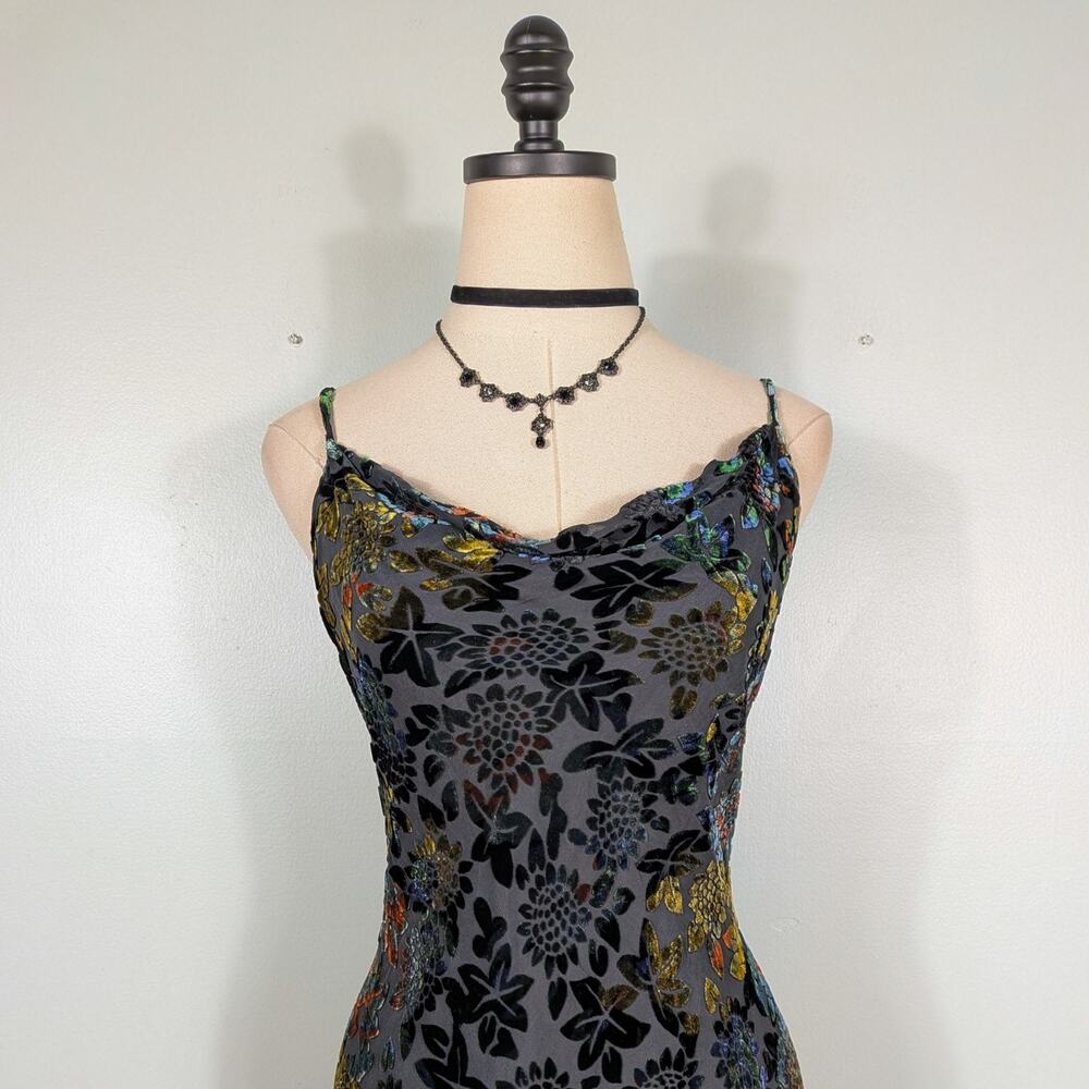 Vintage Velvet Burnout Evening Dress Maxi Gown 8 Black Silk Y2K 90S Grunge Goth - Picture 4 of 12